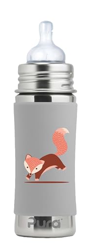 Pura Kiki 9oz/275ml Stainless Steel Infant Bottle w/Sleeve, Anti-Colic, 100% Plastic-Free, MadeSafe Certified, Medical-Grade Silicone, Medium-Flow Nipple, for Babies 3 Months & Up - (Fox)