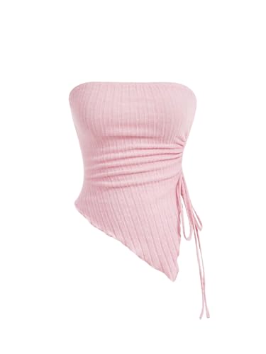 GORGLITTER Damen Tube Top Trägerloses Top Schulterfrei Sommer Tops Asymmetrisch Bandeau-Top mit Seitenschlitz Rosa S