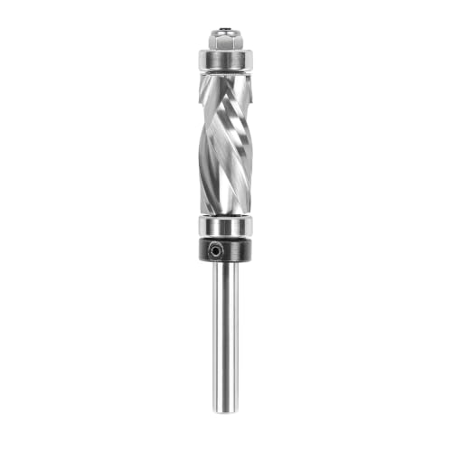 SpeTool Double Bearing Spiral Flush Trim Router Bit 1/4 Inch Shank 1/2 Inch Cutting Diameter, Extra Long Carbide Compression Flush Cut Pattern Bit with Top and Bottom Bearing for Woodworking