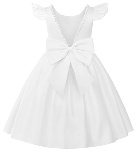 Uhnice Flower Girl Satin Dress with Pearls Flutter Sleeves V Back Gown with Removable Bow for Wedding Birthday Party