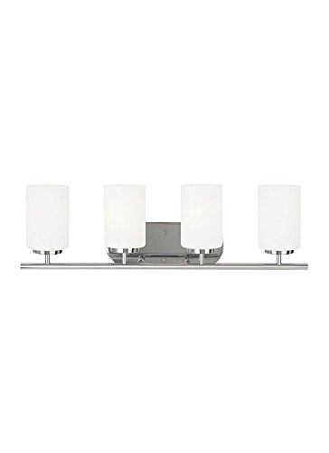 Image of Generation Lighting 41163-05 Oslo Four - Light Wall /Bath Vanity Style Fixture, Chrome, 100 Total Watts, 8.5 Inch Height, 28 Inch Wide, Steel Construction, Cased Opal Etched Glass Shades
