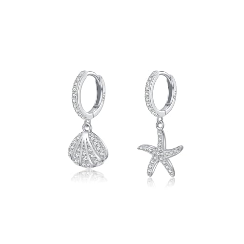 SLUYNZ 925 Sterling Silver CZ Seashell Hoop Earrings for Women Teens Starfish Huggie Earrings Dangle Beach Earrings