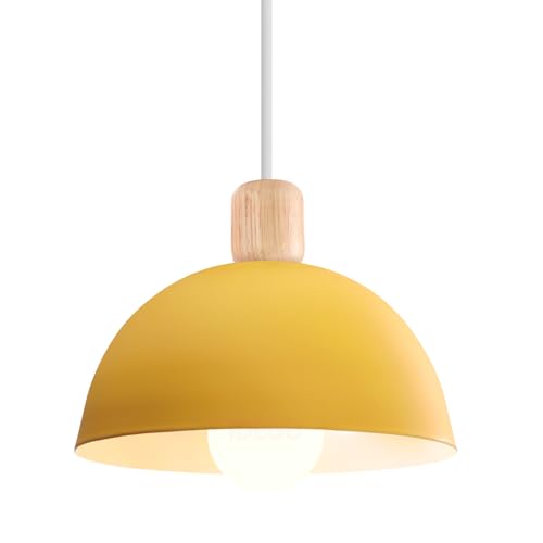 iDEGU Lámpara de Techo Moderna, 20CM LED Lámpara Colgante en Hierro y Madera Estilo Escandinavo Iluminación E27 Retro Luz de Techo Interior para Dormitorio Comedor Sala de Estar (1 Pieza, Amarillo)
