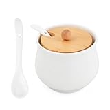 Astralong Azucarero de Cerámica Blanca con Tapa de Bambú y Cuchara, Tarro de Especias Salero 230 ml, 8,5 × 8 cm Salero Cocina, Contenedor para Azúcar, Sal, Té y Condimentos, para Cocina y Hogar