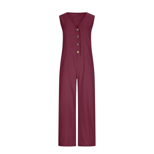 Overol casual de verano para mujer con botones y perneras anchas de algodón 3