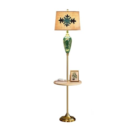 Hhmmei2024-23 Lámparas de pie para sala de estar Lámpara de pie granja con mesa madera, base metal, pantalla tambor lino blanco, sala estar, casa lectura, dormitorio(A)