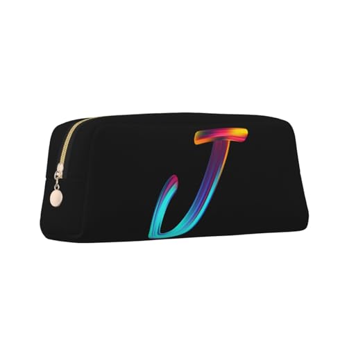 Image of Cute Initial Pencil Case for Kids Simple Leather Pencil Pouch for Boys Girls Letter Design Pencil Box Pen Bag Pencil Pouch Office Stationery Organizer, Rainbow Letter J