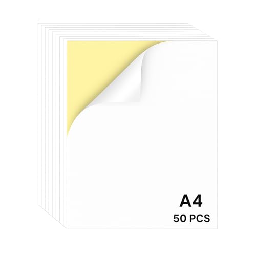 Wenrescry Papel Pegatina para Imprimir A4 – 50 Hojas Adhesivas para Imprimir, Papel Autoadhesivo, Compatible con Impresoras Láser e Inkjet, Ideal para DIY, Oficina y Manualidades
