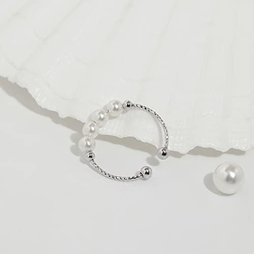 Anxiety Fidget Ring for Women 925 Sterling Silver Spinning Ring Gold Ring Anxiety Relieving Fidget Ring Anti Stress Healing Ring Pearl Bead Ring (Gold)