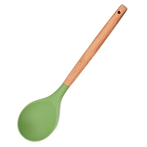 BRIIEC 1pcs Avocado Green Silicone Cooking Utensils Heat Resistant Solid Spoon Mixing Spoon, Cooking Backing Spoons Set for Stirring, Mixing and Serving