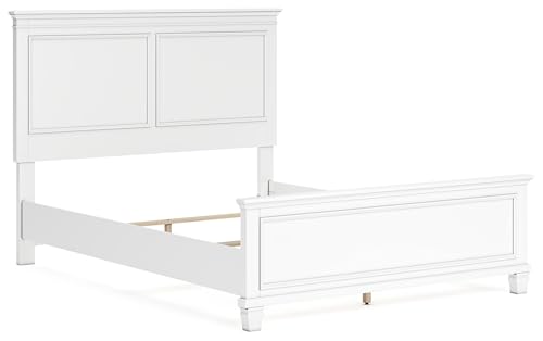 Image of Signature Design by Ashley Fortman White Wood Queen Panel Bed Frame | Modern farmhouse style, Durable hardwood solids and MDF substrate, Adjustable base compatible
