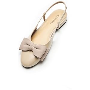 C.Paravano Women's Slingback Flats with Bowknot Flats Sandals Slip on Casual Flats Shoes Detachable Ankle Strap Almond Toe 5.5 Beige