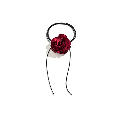 Flower Choker Necklace for Women Adjustable Mountain Camellia Flower Necklace Rose Choker Handmade Lace up Design Velvet Floral Choker Elegant Summer Necklaces for Wedding Party Holiday (Red)