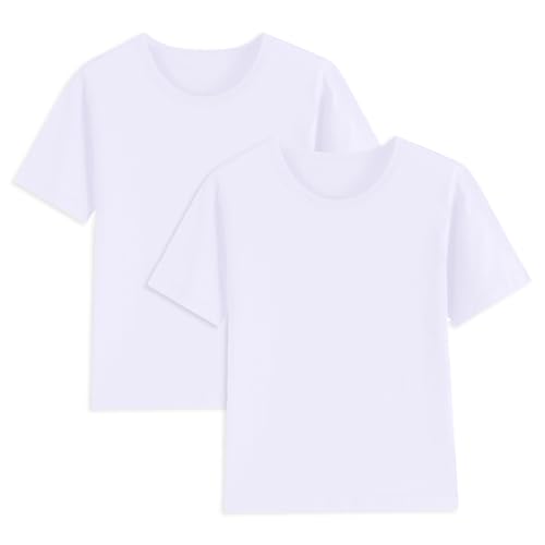 2 Pack Cotton Boys Kids Tshirts Short Sleeve Summer Tops Clothes Tee Shirts for Toddlers(Age 2-14) White