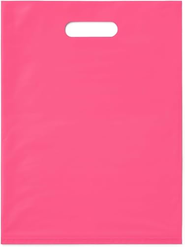ASSUREPAK 100 Pcs Pink Plastic Merchandise Bags with Die Cut Handle -12 x 15 Inch - 1.5 Mil Thick - LDPE Shopping Bags for Retail, Boutique, Small Business, Gift Bags, Takeout & Events