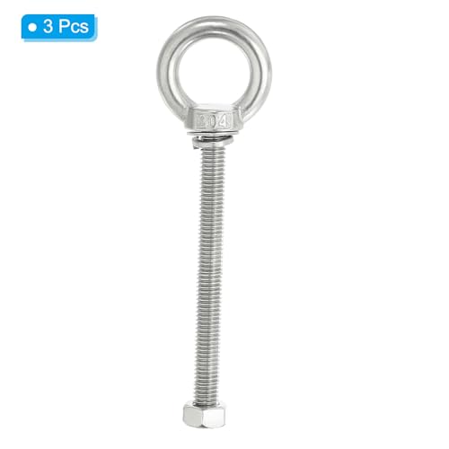 Image of PATIKIL M8 x 120mm Lifting Shoulder Eye Bolt, 3Pcs 304 Stainless Steel Lifting Ring Threaded Eyebolt with Nuts Washers for Hanging Hammocks Articles