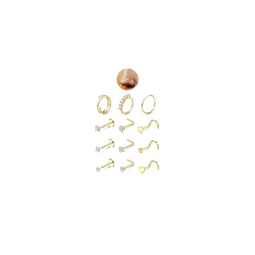 JeryWe Nose Rings for Women - 14K Gold Filled Hypoallergenic Surgical Steel Nose Ring Hoops CZ Lip Ring Screw L Shaped Studs Threadless Flat Back Stud Nose Piercings Jewelry for Women Men CZ