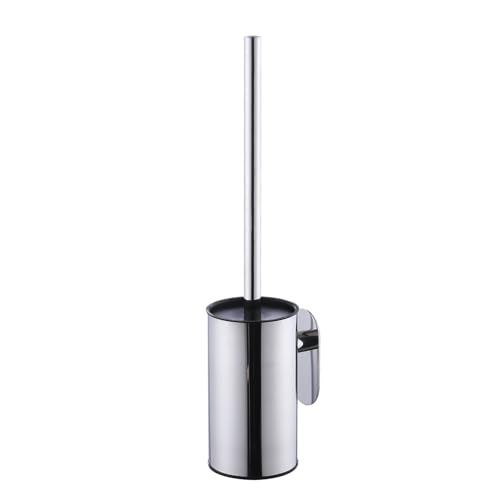 Escobilla de inodoro y soporte de acero inoxidable, montaje en pared, autoadhesivo, mango largo, sin taladrar, limpiador resistente para baño, con cepillo de plástico extraíble (cromo)