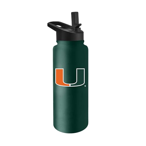 Image of Logo Brands NCAA Miami Hurricanes 34 oz Stainless Steel Quencher Bottle - Team Color, Straw Included, No-Spill Lid, Easy Carry Handle - Keeps Drinks Cold For Hours