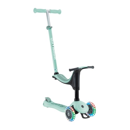 Globber - GO•UP Sporty Lights - Patinete evolutivo de 3 Ruedas con Asiento Desmontable, reposapiés y Luces LED, para niños de 15 Meses a 6 años - Color Verde Menta