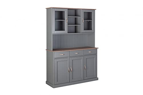 Misure 131x45x191 cm Dmora Credenza a 3 ante chiuse 2 vetrine e 3 cassetti, in pino massello verniciato grigio con top e finiture color marrone, 131x45x191 cm