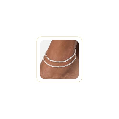 Tewiky Sterling Silver Plated Ankle Bracelets for Women,Dainty Layered Waterproof Anklet for Women Adjustable Sparkly Rope Chain Set Stackable Summer Beach Jewelry Gift by Tewiky - Used condition - US$8.09