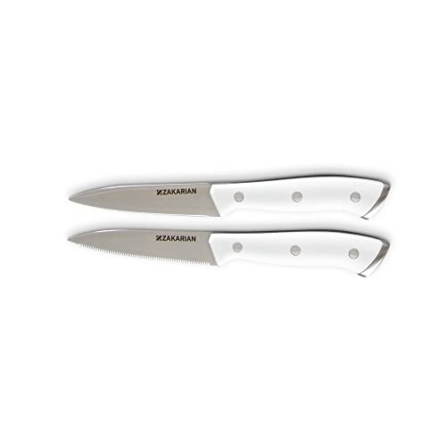 Zakarian by Dash 2 Piece Chef Grade German Steel Paring Knife Set with Smooth and Serrated Blades for Chopping, Dicing, Mincing, Slicing and More – White