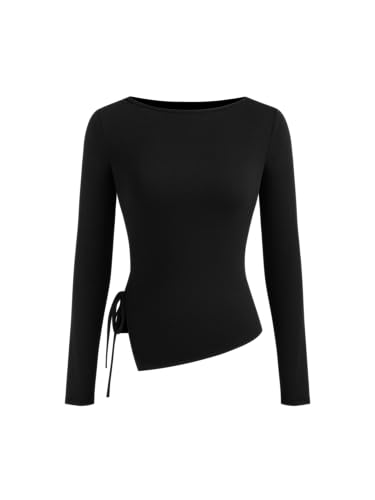 CIDER Langarmshirts Damen U-Boot-Ausschnitt Basic Oberteil Figurbetont Geknotet T-Shirt Slim Fit U-Boot Ausschnitt Tops
