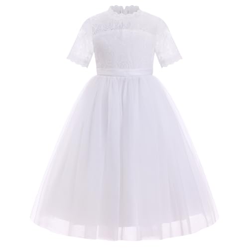 EFOGEP Kid Mädchen Spitzenkleid Kurzarm Rundhalsausschnitt Tüll Tutu Prinzessin Kleider Blumenmädchen Geburtstag Brautjungfer Hochzeit Party Festzug Erstkommunion Ballkleid Weiß 5-6 Years