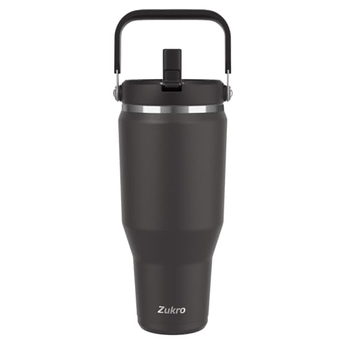 Zukro 40 OZ Tumbler With Flip Straw, Triple-Wall Easy-carry Insulated Water Bottles With Top Handle Fit in Cupholder, Leakproof Stainless Steel Water Jug For Gym, Outdoors, Cold Drinks, Coal