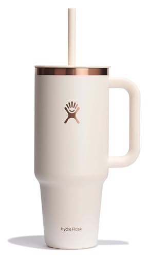 Hydro Flask Travel Tumbler with Handle, Lid and Straw - Insulated Stainless Steel in 40 Oz Ivory Rose Gold