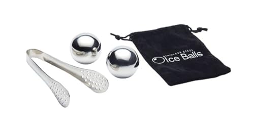Image of Barcraft Ice Ball Set for thinKitchen:, Premium Stainless Steel, Pack of 2 Reusable Ice Cubes with Tongs & Velvet Storage Bag - Silver Finish