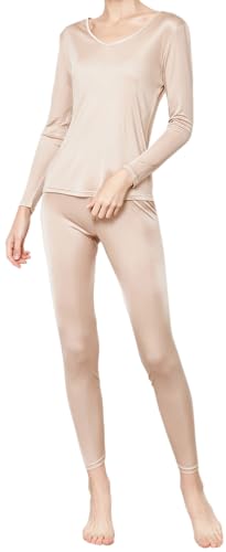 ZEEREE Womens Silk Thermal Underwear Set V Neck Mulberry Silk Long Johns Base Layer Top Bottom 2 Pcs Pajama Set2