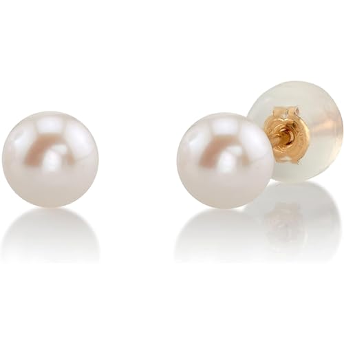 THE PEARL SOURCE White Japanese Akoya Real Pearl Earrings for Women - 14k Gold Stud Pearl Earrings | Hypoallergenic Earrings with Genuine Cultured Pearls