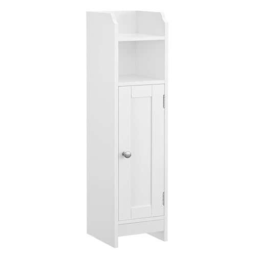 VASAGLE Slim Bathroom Floor Storage Cabinet with Door and Shelves Freestanding Bathroom Storage Unit Narrow Bathroom Toilet Paper Storage Cabinet Adjustable Shelves White BBC310W01