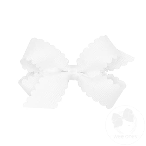 Wee Ones Girls' Classic Grosgrain Hair Bow with Scalloped Edges and Plain Wrap Center on a WeeStay Hair Clip, Mini, White