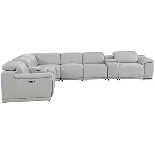 BlackJack Furniture Venice 8 Piece Top Grain Italian Leather Sectional Sofa with 4-Power Recliners, Adjustable Headrest, Lumbar Support, USB & Wireless Charger, Large Storage, 2 Consoles, Light Gray