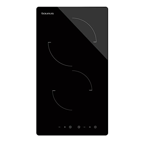 Taurus V302MT - Placa vitrocerámica, 3000W, 2 zonas de calentamiento, 9 niveles de potencia, control táctil deslizante, temporizador hasta 90 min, negro