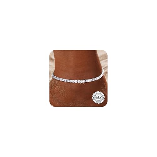 Diamday Tornozeleira prata de lei 925 mulher tornozeleiras hipoalergénico impermeável ajustáveis para mulher CZ/ligações/contas/ligações de ténis pulseiras tornozeleiras de praia jóias caixa de