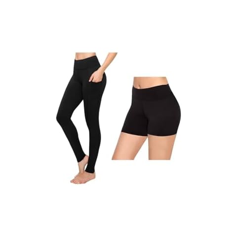 SATINA Black High Waisted Leggings with Pockets (One Size) and Black Biker Shorts 5" (Medium) Cover