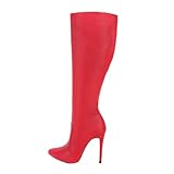 Botas largas de piel auténtica para mujer, elegantes, para fiesta, oficina, punta puntiaguda, tacón alto, Red, 41 EU