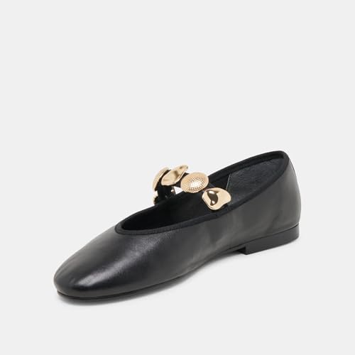 Women's Elastic Leather Ballet Flats Round Toe Gold Adornments Strap Ballerina Shoes Comfortable Casual Mary Jane Flat Shoes2