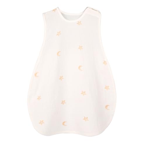 スリーパー 2重ガーゼ 0.1cm ダブルガーゼ コットン ベスト 袖なし 足まですっぽり かわいい 春 夏 秋 赤ちゃん ベビー キッズ 新生児 Hugmuu ハグムー (White×GoldStar, M)