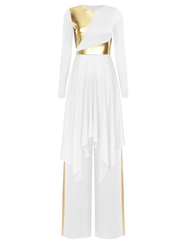 JEATHA Conjundo De Danza Cristiana para Mujer Vestido con Falda Irregular con Pantalones De Danza Vestido De Iglesia Litúrgica Blanco M