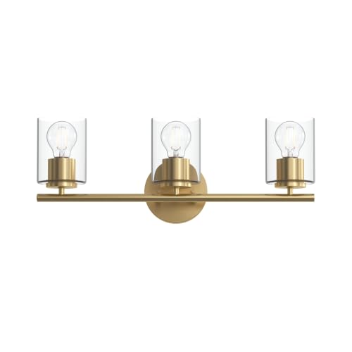 Image of Progress Lighting Replay 22 Inch 3-Light Vanity Light, Transitional, Brushed Gold with Clear Glass Shades, (7.875 inch H x 22 inch W x 6 inch D), P300583-191