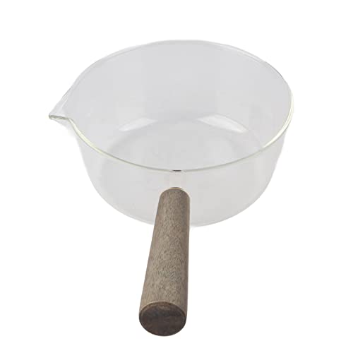 Glass Milk Pot with Wooden Handle, Small Saucepan with V Shaped Spout, Exquisite Workmanship Milk Boiling Pot Multifunction Cooking Utensil for Hot Milk, Salads, Noodles (Large)