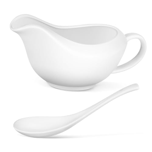 LALADEFIEE Ceramic Gravy Boat with Ladle 300ml Sauce Pitcher Sauce Container Serving Bowl for Western Cuisine Tableware