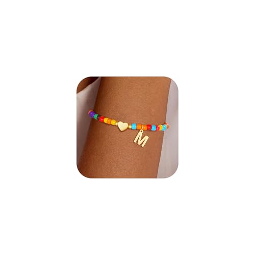 Colorful Initial Bracelets for Women Girls - Trendy Beaded Heart Initial Bracelet Teen Girl Gifts Trendy Stuff Bohemian Gold Letter Bracelet Personalized Gifts for Women Girls Jewelry