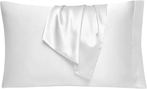 Image of Satin Pillow Covers Set of 2 - Soft & Smooth Pillowcases for Hair & Skin Care | Envelope Closure | Includes 3 Free Random Color Scrunchies | Frizz-Free Sleep Essentials (White)