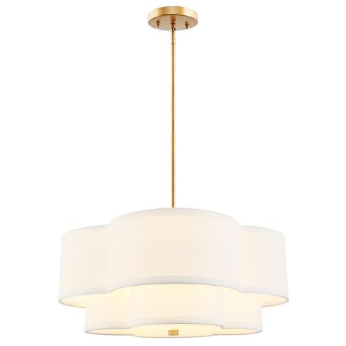 Image of 18 inch Chandelier, 3-Light Gold Pendant Light Fixtures with Dual Layer White Fabric Shade in Quatrefoil Shape, Double Drum Chandeliers for Dining Room Kitchen Living Room Bedroom, AD-22007-3P-GD